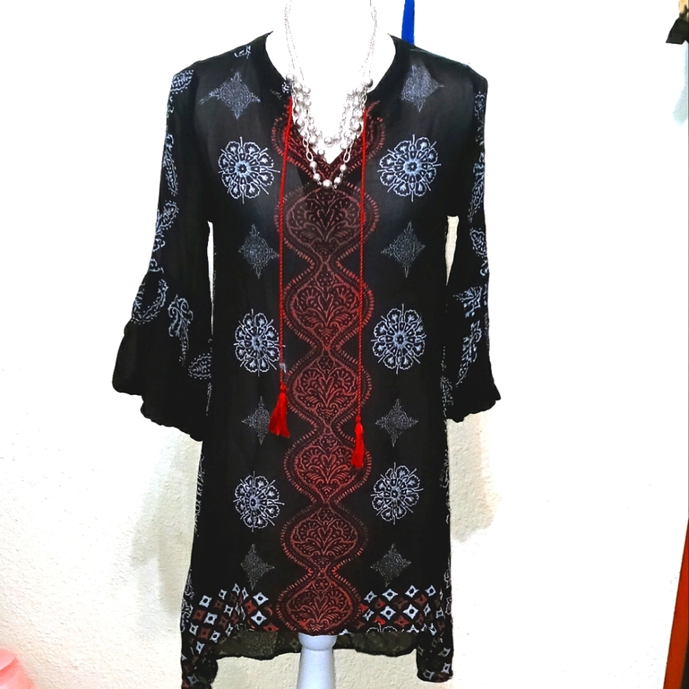 World Market Navy & Red Asian Inspired Swimsuit Coverup